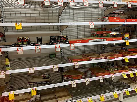 Empty shelves are pictured at Coles Supermarket following reports of coronavirus in the Canberra suburb of Manuka, Australia, March 2, 2020