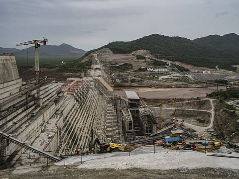 In this file picture, construction of the Renaissance Dam on the Nile River is underway in Ethiopia on June 24, 2018. The United States is trying to mediate a dispute between Ethiopia and Egypt, which fears the dam will reduce the river’s water flow to dangerous levels.