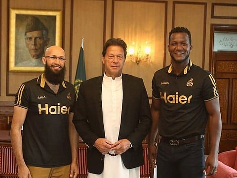 Pakistan Prime Minister Imran Khan received Hashim Amla (left) and Darren Sammy of Peshawar Zalmi at his residence. The two cricketers are now in Pakistan for the ongoing Pakistan Super League.
