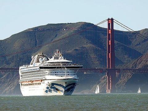 The Grand Princess cruise ship passes the Golden Gate Bridge as it arrives from Hawaii in San Francisco. California's first coronavirus fatality is an elderly patient who apparently contracted the illness on a cruise, authorities said Wednesday, March 4.