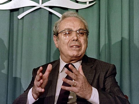 A 1988 shows the then UN Secretary General Javier Perez de Cuellar at a news conference