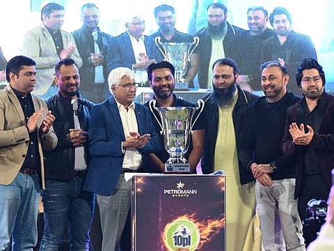 Launch of the 10PL tennis ball cricket tournament trophy for the third edition in the presence of Emirates Cricket Board and Sharjah Cricket Council officials and sponsors of the event at the Sharjah Cricket Stadium.