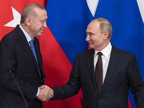 Vladimir Putin and Recep Tayyip Erdogan at a news conference after their talks in the Kremlin on March 5, 2020.