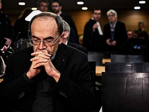 Lyon archbishop, cardinal Philippe Barbarin gestures as he arrives in a Lyon court on January 7, 2019 to attend his trial charged with failing to report a priest who abused boy scouts in the 1980s and 90s. The Pope accepted the resignation of Barbarin on Friday.
