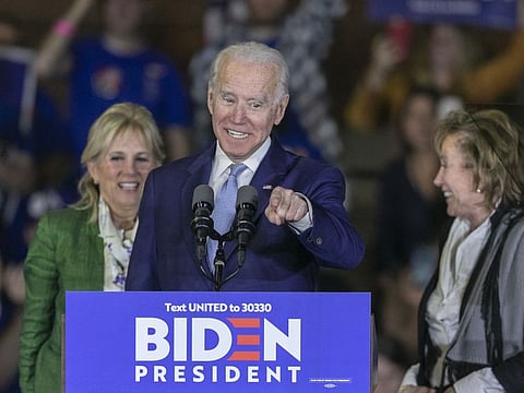 Democratic presidential candidate former vice-president Joe Biden, his wife Jill Biden (left) and sister Valerie Biden Owens, attend a Super Tuesday event at Baldwin Hills Recreation Centre in Los Angeles, California, on March 3, 2020.
