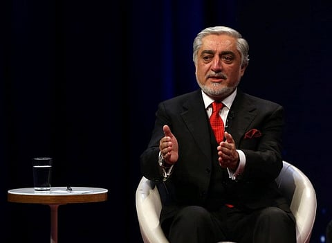 Afghanistan's Chief Executive Abdullah Abdullah speaks during a live debate on Tolo TV channel in Kabul on Thursday. The Afghan leader escaped an attack at a gathering in Kabul on Friday.