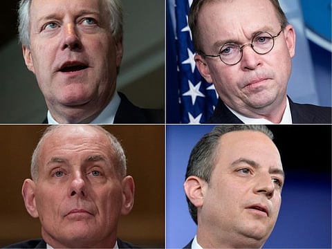 This combination of pictures created on March 6 shows (from top left) US President Donald Trump Chiefs of Staff: US Representative Mark Meadows, Republican of North Carolina, Mick Mulvaney, General John F. Kelly, USMC and Reince Priebus makes remarks during a discussion at the Conservative Political Action Conference (CPAC) at National Harbor, Maryland, February 23, 2017. President T