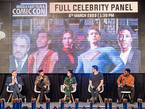 Left to Right, John Rhys-Davies, Mena Massoud, Elodie Yung, Brandon Routh and Joseph David-Jones, during the comic con event at the Duabai International exhibition center. Dubai. Photo: Antonin Kélian Kallouche/Gulf News