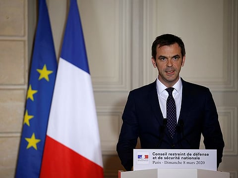French Health Minister Olivier Veran gives a news briefing after a defence council with President Emmanuel Macron, at the Elysee palace, in Paris, Sunday, March 8, 2020.