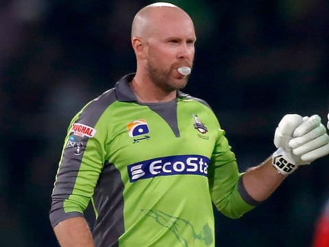 Ben Dunk celebrates after taking Lahore Qalandars to victory in PSL in early 2020.