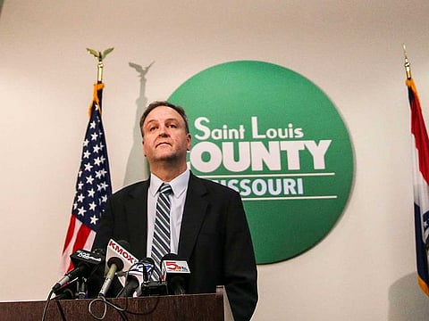 St. Louis County Executive Sam Page provides an update on local coronavirus cases during a news conference at the Office of Emergency Management in Baldwin.