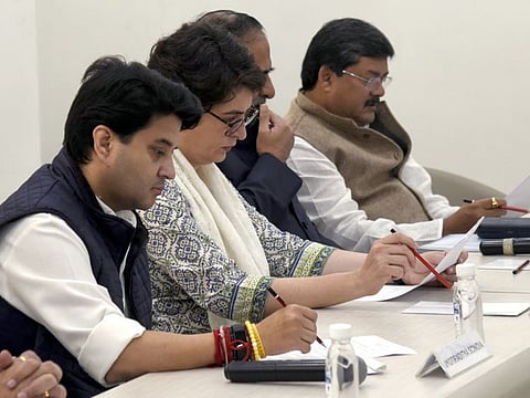 Congress General Secretary Priyanka Gandhi Vadra and Congress leader Jyotiraditya Scindia during the Congress Working Committee (CWC) meeting, at AICC headquarters in New Delhi on February 26, 2020.