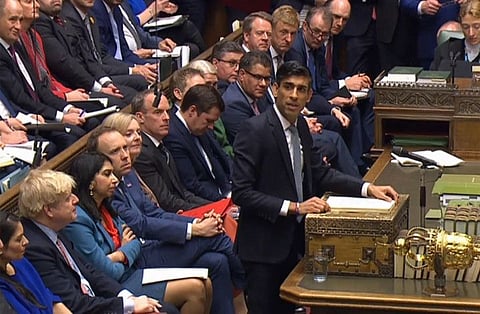 A video grab from footage broadcast by the UK Parliament's Parliamentary Recording Unit (PRU) shows Britain's Chancellor of the Exchequer Rishi Sunak giving his 2020 Spring budget statement in the House of Commons in London on March 11, 2020. Britain unveils its first post-Brexit budget on Wednesday, with a focus on emergency government funding measures to combat economic fallout from the coronavirus outbreak.