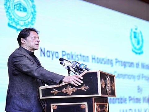 Pakistan Prime Minister Imran Khan addressing a ground breaking ceremony in Islamabad for the construction of 20,000 housing units.