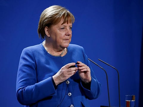 German Chancellor Angela Merkel addresses reporters before a meeting with Portugal's Prime Minister Antonio Costa (out of picture) in Berlin, Germany March 11, 2020