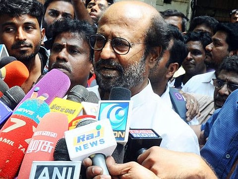 Tamil Nadu, Mar 05 (ANI): Veteran Actor Rajinikanth speaks to media after a meeting with members of 'Rajini Makkal Mandram' at Raghavendra Kalyana Mandapam in Chennai on Thursday. (ANI Photo)