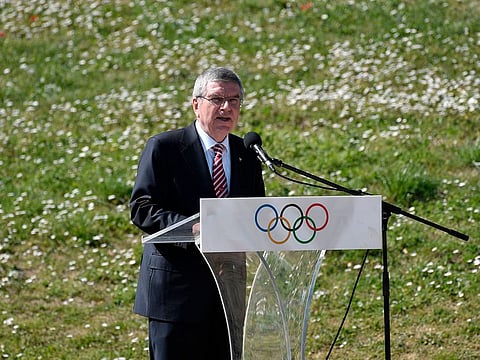 International Olympic Committee (IOC) President Thomas Bach speaks during the Olympic flame lighting ceremony on March 12, 2020 in ancient Olympia, ahead of Tokyo 2020 Olympic Games.