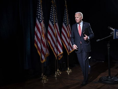 Democratic presidential candidate former Vice-President Joe Biden leaves the lectern after delivering remarks about the coronavirus outbreak, at the Hotel Du Pont March 12, 2020 in Wilmington, Delaware.