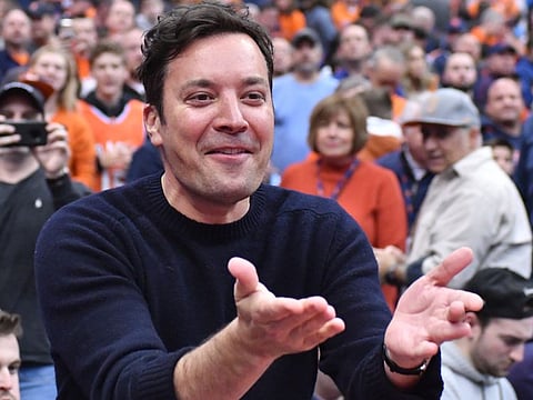Feb 29, 2020; Syracuse, New York, USA; Jimmy Fallon at a game between the Syracuse Orange and the North Carolina Tar Heels at the Carrier Dome. Mandatory Credit: Mark Konezny-USA TODAY Sports