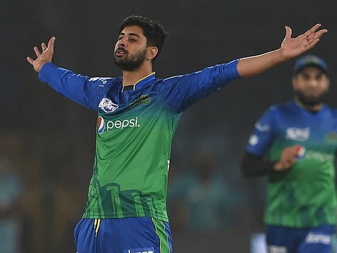 Multan Sultans' Ali Shafiq celebrates after the dismissal of Peshawar Zalmi' Haider Ali (unseen) during the  T20 cricket match between Peshawar Zalmi and Multan Sultans at the National Cricket Stadium in Karachi on March 13, 2020.