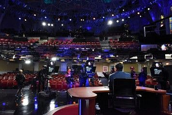 Stephen Colbert hosts “The Late Show” without an audience Thursday in New York, complying with citywide efforts to slow the spread of the coronavirus.