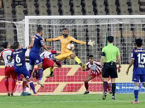 ATK and Chennaiyin FC in action during the ISL final at Jawaharlal Nehru Stadium, in Fatorda