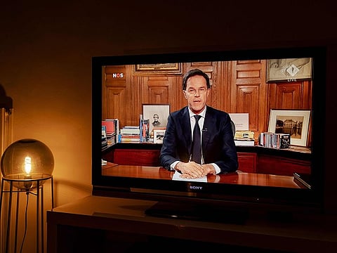 Dutch Prime Minister Mark Rutte speaks during a televised address on the outbreak of COVID-19, the novel coronavirus, as seen on national television in Utrecht, on March 16, 2020.