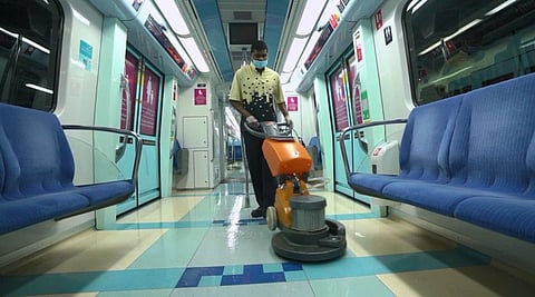 During working hours, trains are cleaned every time the train completes a full journey from Al Rashidiya Station to the UAE Exchange Metro Station, where a specialised team performs cleaning and sanitisation procedures before the return trip.