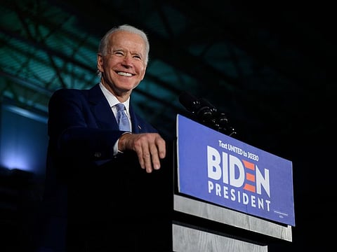 Democratic presidential candidate Joe Biden delivers remarks at his primary night election event in Columbia, South Carolina on February 29, 2020 . Joe Biden won the Arizona Democratic primary over Bernie Sanders, giving him a sweep of the three US states which voted on March 17, 2020.