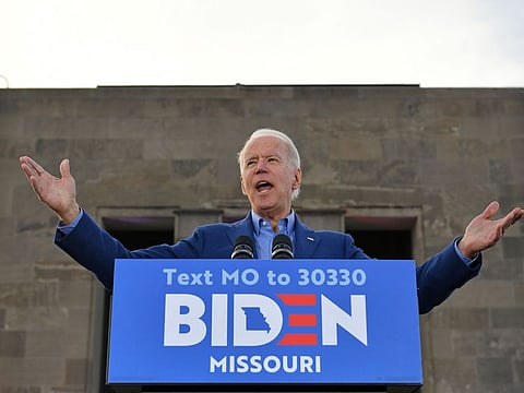 Democratic presidential candidate former Vice President Joe Biden speaks during a campaign rally at the WWI Museum and Memorial in Kansas City, Missouri