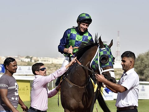 Adrie De Vries rides The Great Collection to victory in the Jebel Ali Classic (Silver Jubilee) at the Jebel Ali Racecourse on 20th March, 2020. Photo Clint Egbert/Gulf News