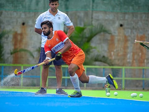Manpreet Singh, captain of India's Tokyo-bound men's hockey team, during a practice session at their ongoing camp at Sports Authority of India, Bengaluru.