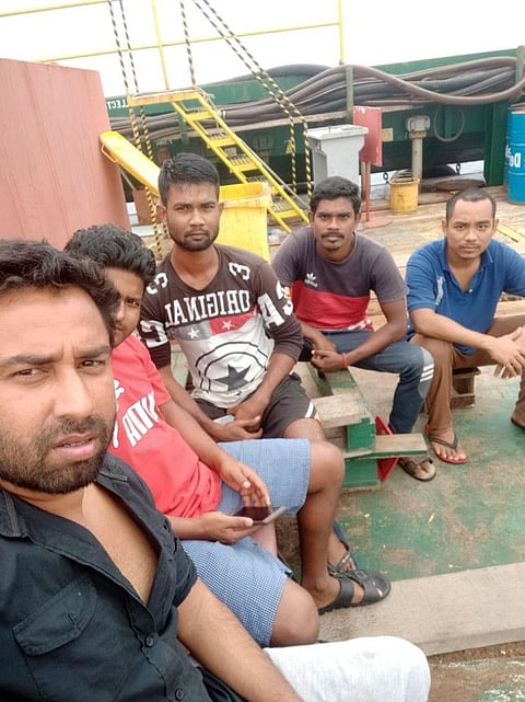 (left to right) Jaspal Singh, Aman Kumar, Suryanarayan Anapana,, Mohammad Nikal and, Chanchalya Jyoti Borah are among the eight crew Indian sailors who are stranded onboard the ship moored off the coast of Khor Fakkan since June 2019.
