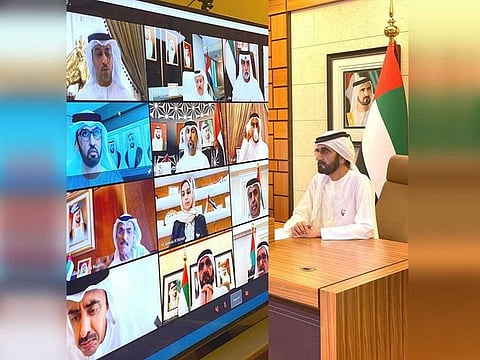 The first remote meeting was held by the UAE Cabinet on Sunday, March 22, 2020, in observance of a nationwide social distancing practice to curb the spread of the coronarivus.