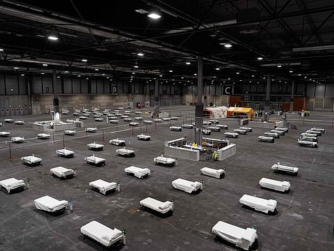 A general view of the temporary hospital set up at a pavilion in Ifema convention and exhibition center in Madrid.