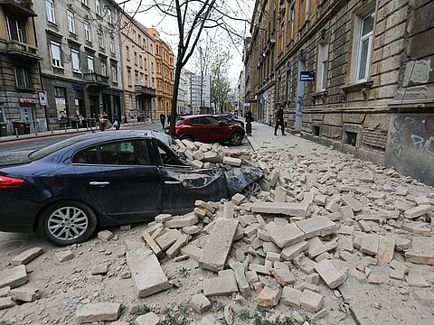 A damaged car is seen following an earthquake, in Zagreb, Croatia, on March 22, 2020.