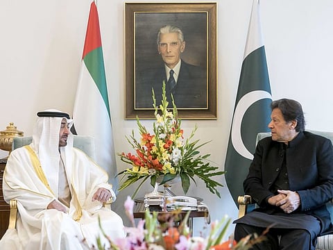His Highness Shaikh Mohammad Bin Zayed Al Nayhan, Crown Prince of Abu Dhabi and Deputy Supreme Commander of the UAE Armed Forces, discusses bilateral matters with Pakistani Prime Minister Imran Khan in Islamabad in January