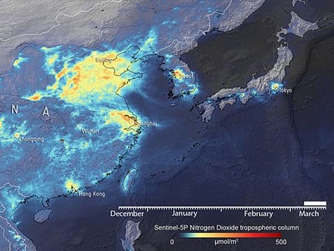 This map shows variation in NO2 emissions over China (Dec-Mar).