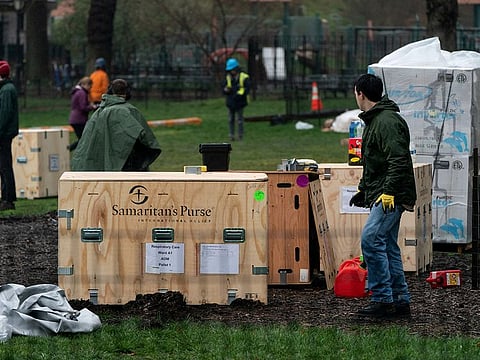 Samaritan’s Purse staffs set up an emergency field hospital in East Meadow in Central park during the outbreak of the coronavirus disease (COVID-19) in New York City, U.S., March 29, 2020.