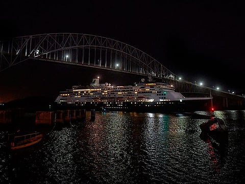 Holland America's cruise ship Zaandam navigates through the Panama Canal in Panama City, on March 29, 2020.