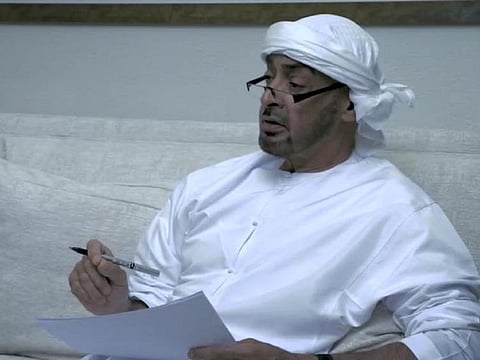 Sheikh Mohamed Bin Zayed during a virtual meeting with key ministers and officials on the latest precautionary and preventive measures to curb the spread of the COVID-19 pandemic in the country.