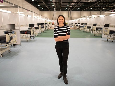 Natalie Forrest, Chief Operating Officer of the Nightingale Hospital at ExCel London is seen during its conversion into the temporary NHS Nightingale Hospital, comprising of two wards, each of 2,000 people, to help tackle the coronavirus disease (COVID-19) outbreak, in London, Britain March 31, 2020.