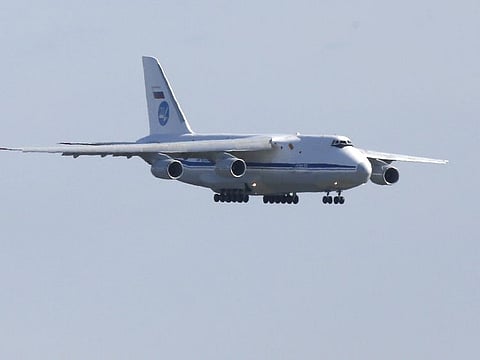 A Russian military transport plane carrying medical equipment, masks and supplies lands at JFK International Airport during the outbreak of the coronavirus disease (COVID-19) in New York City, New York, U.S., April 1, 2020.