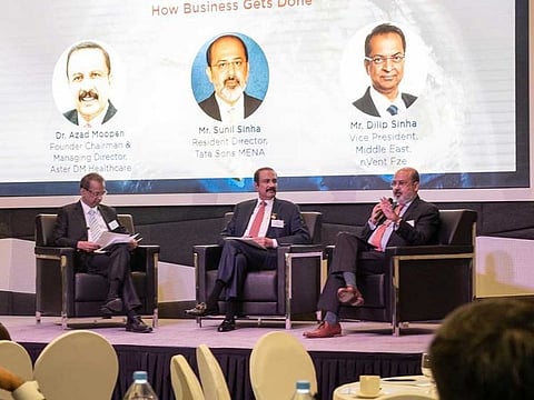 (L-R) Mr Dilip Sinha (Coordinator-General of IBPC Dubai), Dr Azad Moopen (Founder Chairman & MD of Aster DM Healthcare) and Mr Sunil Sinha (Resident Director, Tata Sons MENA) at a recent joint event ‘Spotlight on India’ by AmCham & IBPC Dubai.