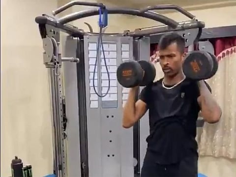 Indian allrounder Hardik Pandya works out during the coronavirus lockdown.