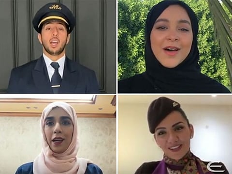 Pilots, staff and cabin crew from Etihad Airways sing the UAE national anthem as they stay at home.