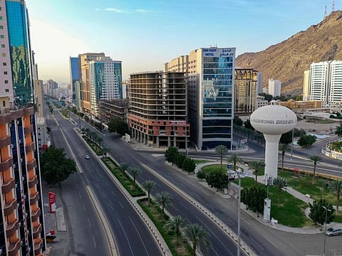 An aerial view shows a deserted boulevard in Mecca on April 8 during the novel coronavirus pandemic crisis.