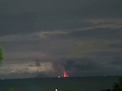 Lava erupts from the Anak Krakatau volcano in South Lampung, Lampung province, Indonesia April 11, 2020 in this image obtained from social media