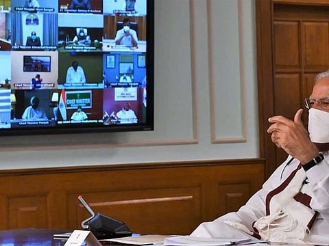Prime Minister Narendra Modi of India interacts with Chief Ministers to strategise for tackling COVID-19