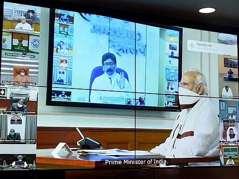 Indian Prime Minister Narendra Modi speaks to state chief ministers via video-conferencing over COVID-19 on Saturday.